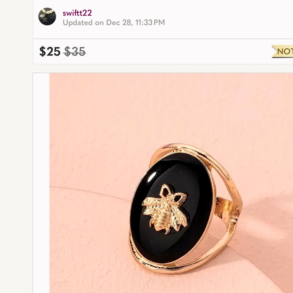 Oval Black & Gold Bee Statement Ring - image 1